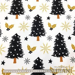 Gold Siyah Çam Ağacı Yılbaşı Desenli Kumaş