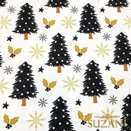 Gold Siyah Çam Ağacı Yılbaşı Desenli Kumaş