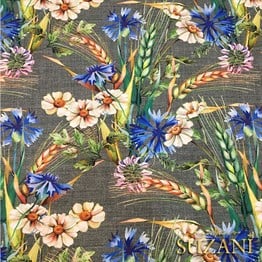 Gri Keten Başaklar Desenli Kumaş