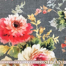 Gri Keten Güller Desenli Kumaş