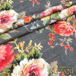 Gri Keten Güller Desenli Kumaş