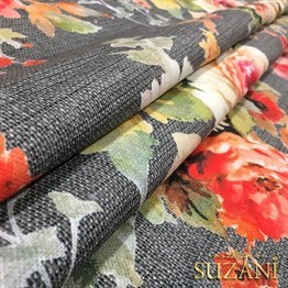 Gri Keten Güller Desenli Kumaş