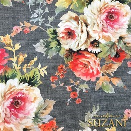 Gri Keten Güller Desenli Kumaş
