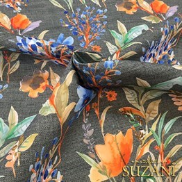 Gri Keten Mavi Çiçek Desenli Kumaş