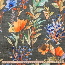 Gri Keten Mavi Çiçek Desenli Kumaş