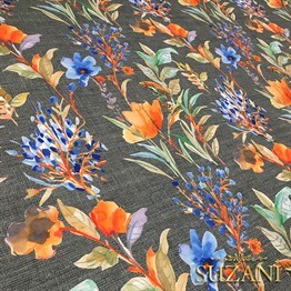 Gri Keten Mavi Çiçek Desenli Kumaş