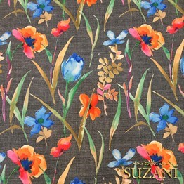 Gri Keten Suluboya Çiçekler Desenli Kumaş