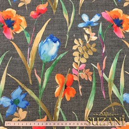 Gri Keten Suluboya Çiçekler Desenli Kumaş