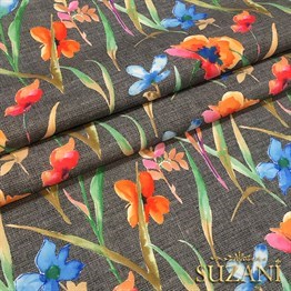 Gri Keten Suluboya Çiçekler Desenli Kumaş