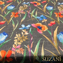 Gri Keten Suluboya Çiçekler Desenli Kumaş