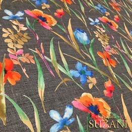 Gri Keten Suluboya Çiçekler Desenli Kumaş