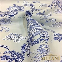 Gri Zemin Çin Evleri Desenli Kumaş