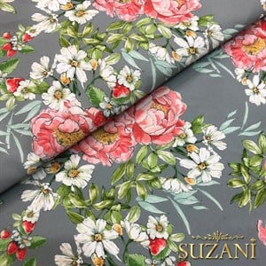 Gri Zemin Şakayık Desenli Dijital Baskılı Kumaş