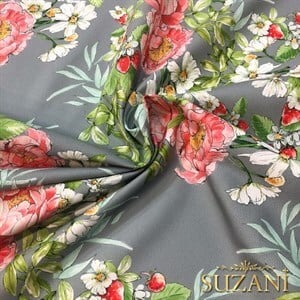 Gri Zemin Şakayık Desenli Dijital Baskılı Kumaş