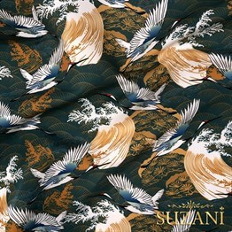 Japon Kuş Desenli Dijital Baskılı Kumaş