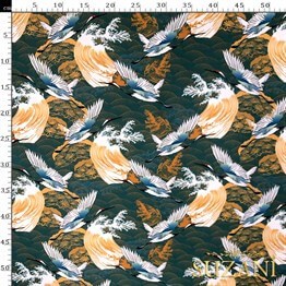 Japon Kuş Desenli Dijital Baskılı Kumaş