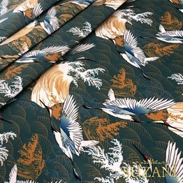 Japon Kuş Desenli Dijital Baskılı Kumaş