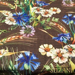 Kahve Keten Başaklar Desenli Kumaş