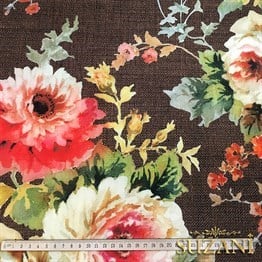 Kahve Keten Güller Desenli Kumaş