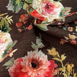 Kahve Keten Güller Desenli Kumaş