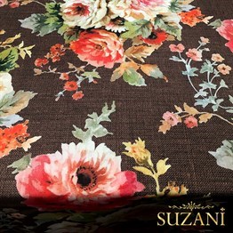 Kahve Keten Güller Desenli Kumaş