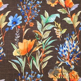 Kahve Keten Mavi Çiçek Desenli Kumaş