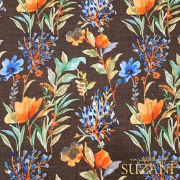 Kahve Keten Mavi Çiçek Desenli Kumaş