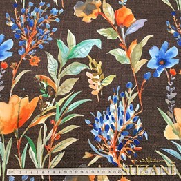 Kahve Keten Mavi Çiçek Desenli Kumaş