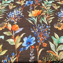 Kahve Keten Mavi Çiçek Desenli Kumaş