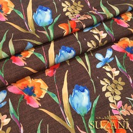 Kahve Keten Suluboya Çiçekler Desenli Kumaş
