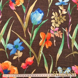 Kahve Keten Suluboya Çiçekler Desenli Kumaş