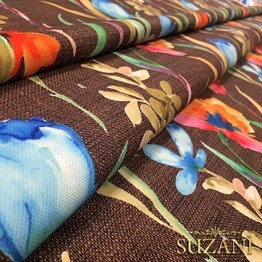 Kahve Keten Suluboya Çiçekler Desenli Kumaş