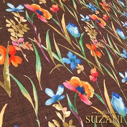 Kahve Keten Suluboya Çiçekler Desenli Kumaş