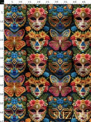 Karnaval Maske Desenli Dijital Baskılı Kumaş