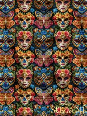 Karnaval Maske Desenli Dijital Baskılı Kumaş