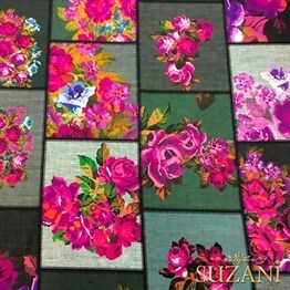 Keten Zemin Mor Çiçek Kanaviçe Desenli Kumaş