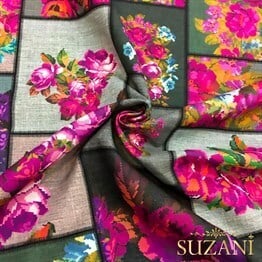 Keten Zemin Mor Çiçek Kanaviçe Desenli Kumaş