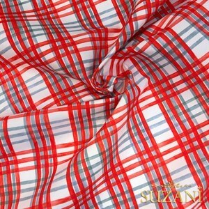 Kırmızı Gri Ekose Desenli Dijital Baskılı Kumaş