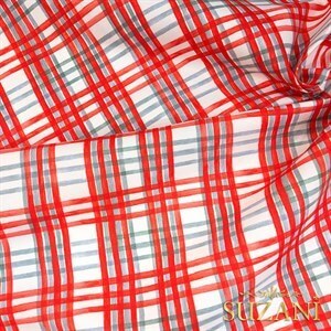 Kırmızı Gri Ekose Desenli Dijital Baskılı Kumaş