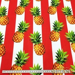 Kırmızı Kalın Çizgi Üzeri Ananaslar Desenli Kumaş