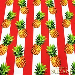 Kırmızı Kalın Çizgi Üzeri Ananaslar Desenli Kumaş