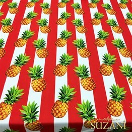 Kırmızı Kalın Çizgi Üzeri Ananaslar Desenli Kumaş