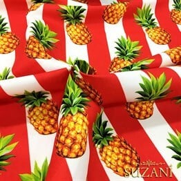 Kırmızı Kalın Çizgi Üzeri Ananaslar Desenli Kumaş