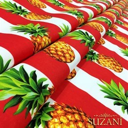 Kırmızı Kalın Çizgi Üzeri Ananaslar Desenli Kumaş