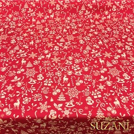 Kırmızı Küçük Figürlü Yılbaşı Desenli Kumaş