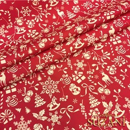 Kırmızı Küçük Figürlü Yılbaşı Desenli Kumaş