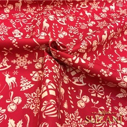 Kırmızı Küçük Figürlü Yılbaşı Desenli Kumaş