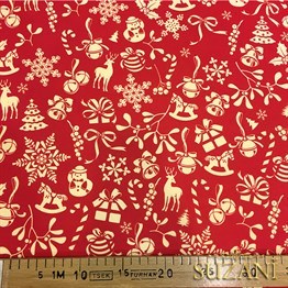 Kırmızı Küçük Figürlü Yılbaşı Desenli Kumaş