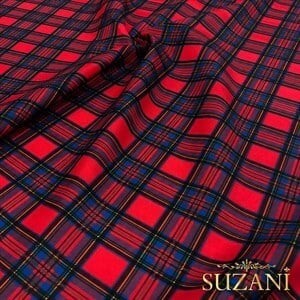 Kırmızı Mavi Ekose Desenli Dijital Baskılı Kumaş