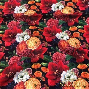 Kırmızı Yılbaşı Çiçekli Dijital Baskılı Kumaş